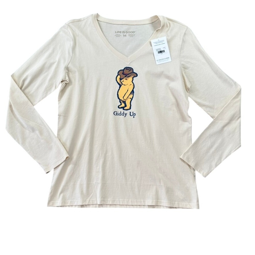 Life is Good Giddy Up Winnie the Pooh Bear V-Neck Long Sleeve Shirt Cream NEW